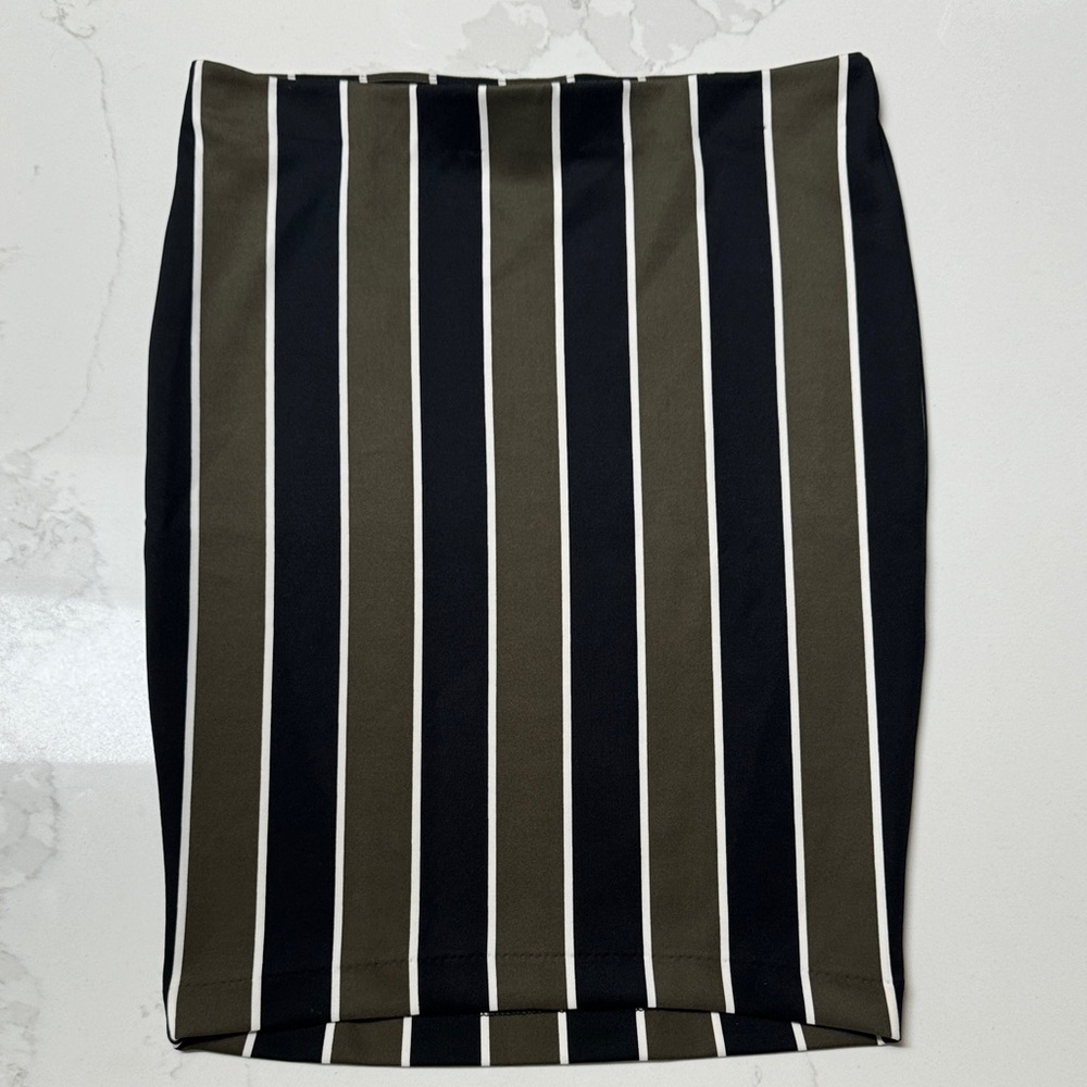 H&M Black and Olive Striped Pencil Skirt
